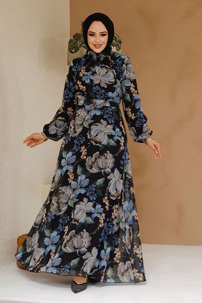 Neva Style Μαύρο Μουσουλμανικό Φόρεμα με Floral Σχέδιο 27971S