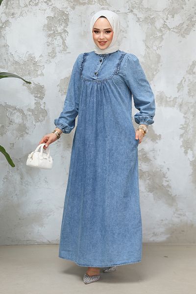 Neva Style Rochie albastră din denim hijab cu buzunar 19141M