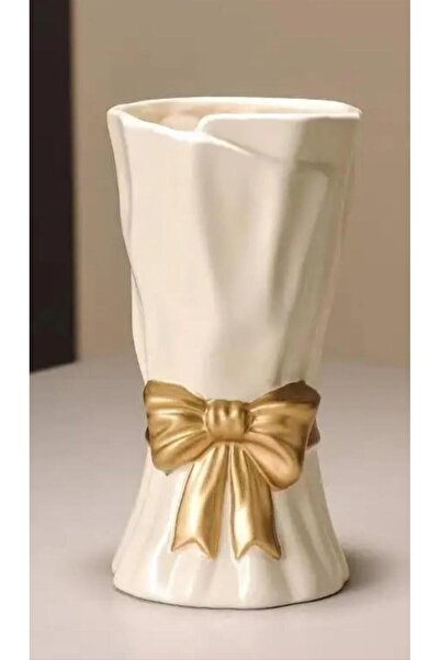 ALMİSH Büyük Buket Vazo -Çiçeklik Dekoratif Fiyonklu Vazo - Gold Detaylı