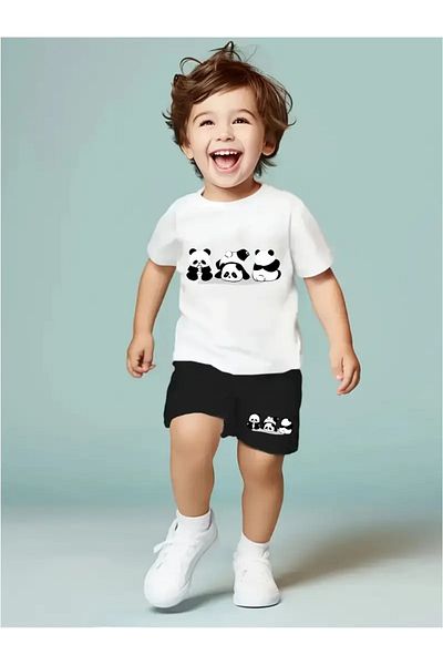 LUNAVISTA 2 Pieces Cartoon Printed Round Neck Short Sleeve Top and Shorts Set for Little Boys Girls