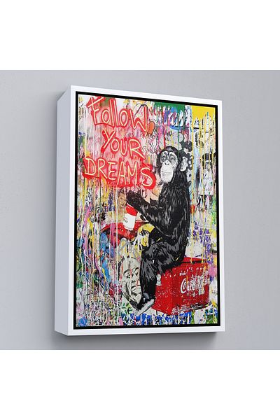 Harita Sepeti Alungați-vă după visul cu cadru alb, poster cu graffiti cu maimuță, pictură pe pânză cu graffiti Banksy