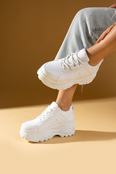 Pembe Potin Beyaz Kadın Spor Sneaker Bağcıklı Günlük Kalın Rahat Taban Ayakkabı