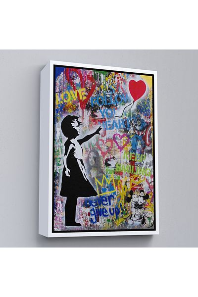 Harita Sepeti Balon colorat cu cadru alb pentru fată, pictură pe pânză Banksy