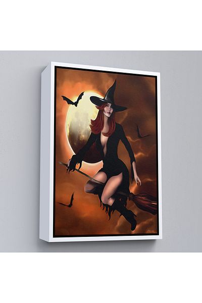 Harita Sepeti Flying Witch with White Frame with Broomstick, Halloween Helloven Wall Painting