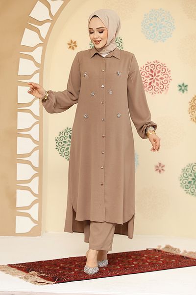 Neva Style طقم حجاب المنك مزين بالخرز مكون من قطعتين 12082V