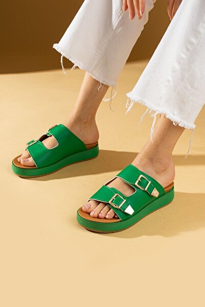 Pembe Potin Women's Green Double Buckle Poly Comfortable Comfort Sole Stylish Style Slippers Sandals