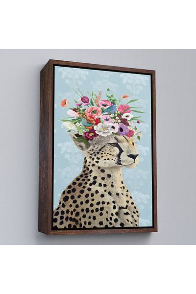Harita Sepeti White Framed Floral Crown Queen Cheetah Canvas Print