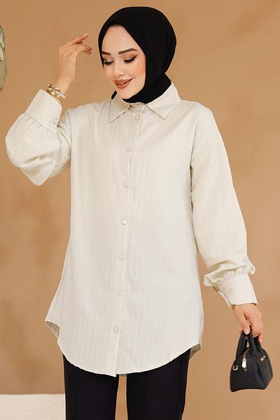 Neva Style Cămașă Hijab Bej cu dungi 30702BEJ