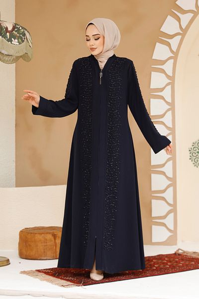 Neva Style Bead Embroidered Navy Blue Hijab Ferace 29127L
