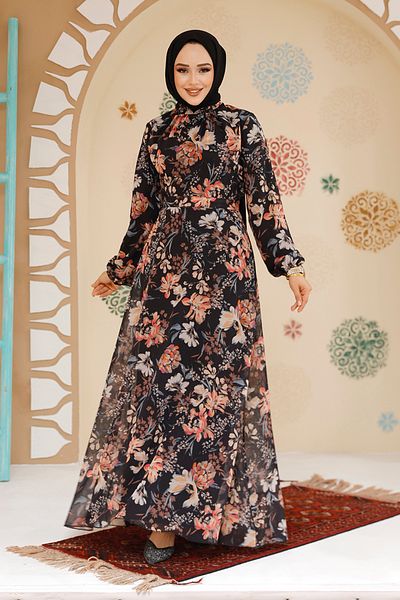 Neva Style Rochie neagră cu hijab cu imprimeu floral 27968S