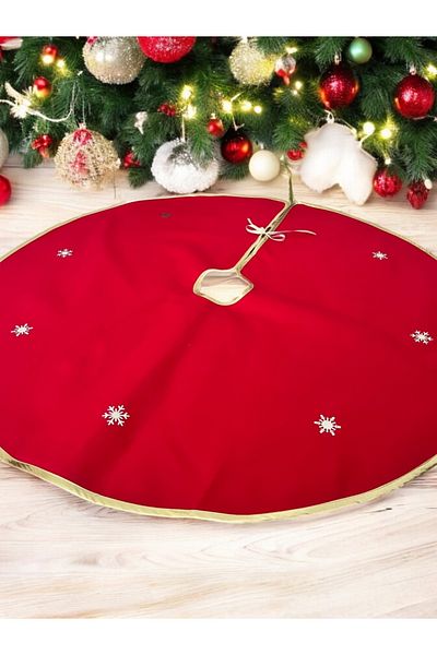 Atölye No 35 Weihnachtsbaumrock Rund Rot-Gold mit Schneeflocken-Motiv, 90 cm Weihnachtsdeko