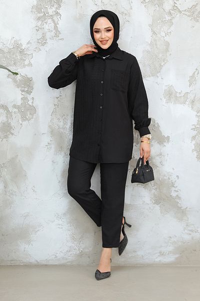 Neva Style Gingham Detailed Black Hijab Double Suit 12191S