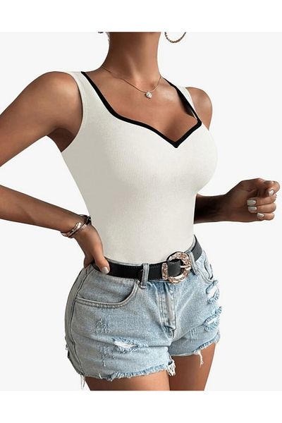 MODAYA V-Neck White Twill Crop Tank