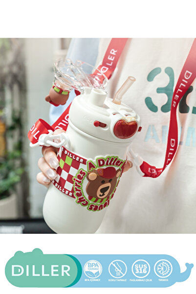 DILLER 520ml New Collection Cute Animals Fancy Stainless Steel Thermos With/Without Straw Neck Strap
