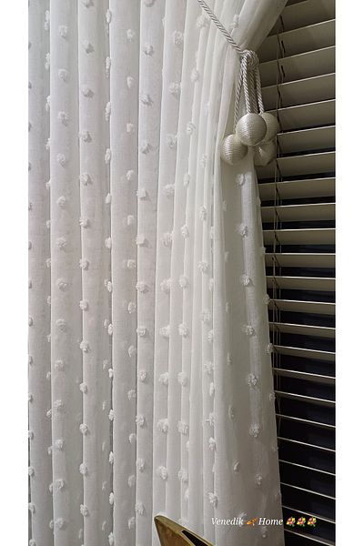 venedik home New Season Pompom Super Linen Tulle Curtain 1X2 Sparse Pleat, Wrinkle-Free, Iron-Free (4 Bulk Braçol Gift)