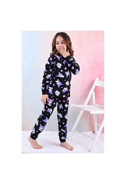 Genel Markalar Kız çocuk Kuromi baskılı mevsimlik pijama takımı siyah