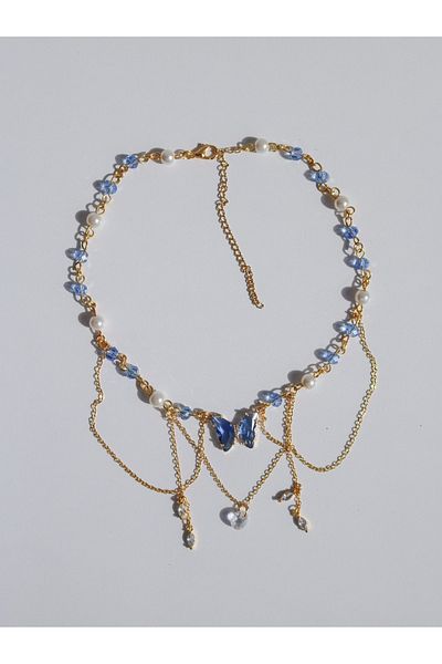 Reorah Collection Fairy Silvermist Choker Necklace-Navy Butterfly Beaded Pearl Choker Necklace