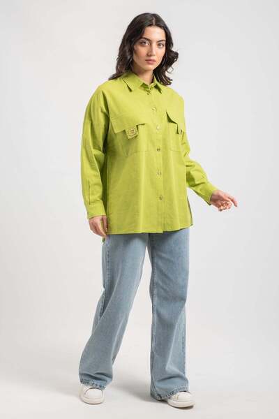 Hatun Atila Ženska zlatna košulja sa dugmićima Sa detaljem džepa 8731 - zelena