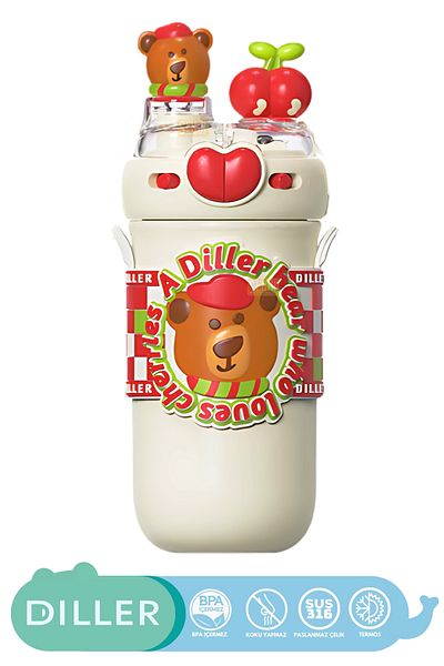 DILLER 520ml New Collection Cute Animals Fancy Stainless Steel Thermos With/Without Straw Neck Strap