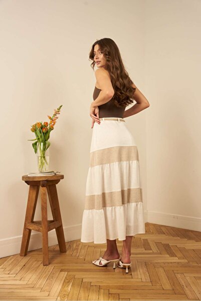 Guzella Beige Blocked Maxi Skirt