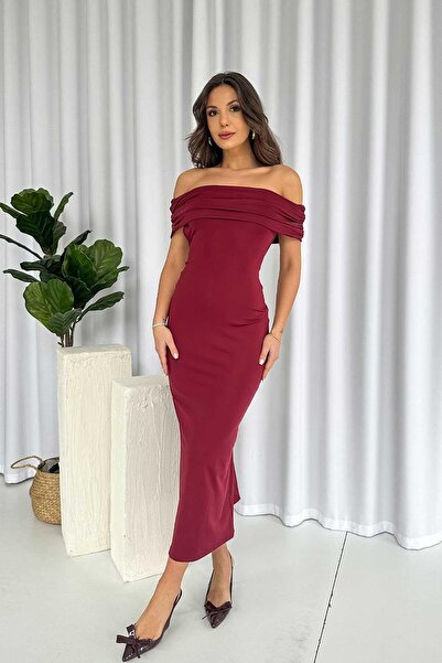 Mine Tan Butik Madonna haljina sa dubokim izrezom i niskim strukom - bordo