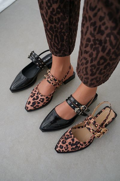 selinshoes Estella Dámské baleríny s dvojitým pruhem ke kotníku se zlatými doplňky - LEOPARD