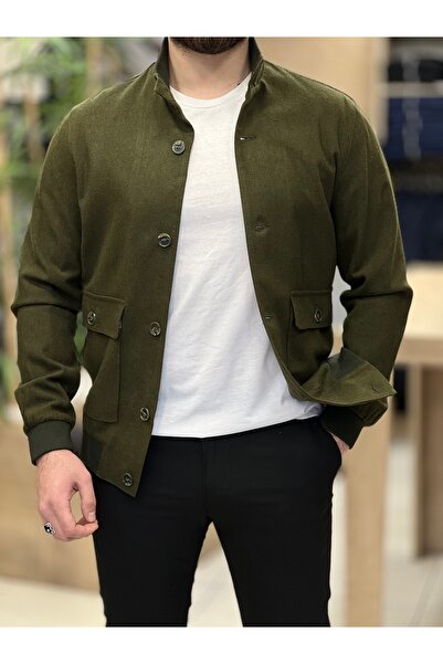 Men's seasonal cotton regular fit upright collar with khaki coat button