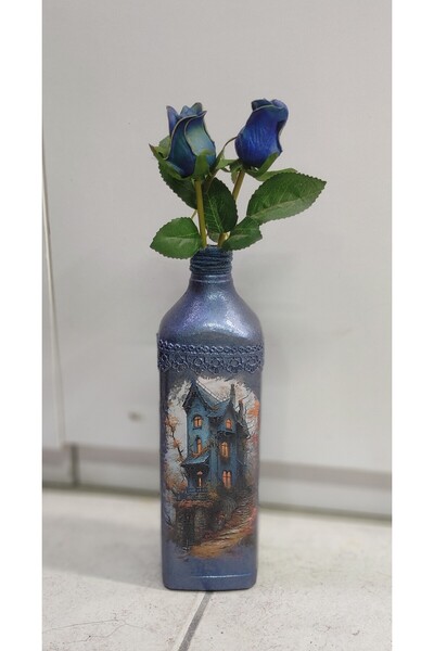 Hobby Dizayn Dekoratif Şişe Vazo El Boyaması Eskitme , Mavi Yapay Güller