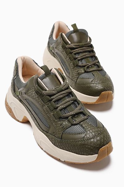 Eray Women's Khaki Green Non-Slip Comfortable Sole Textile Detailed Sneaker Sports Shoes