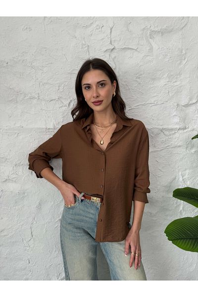 Elif Özbey Butik Кафява риза с копчета с двоен ръкав