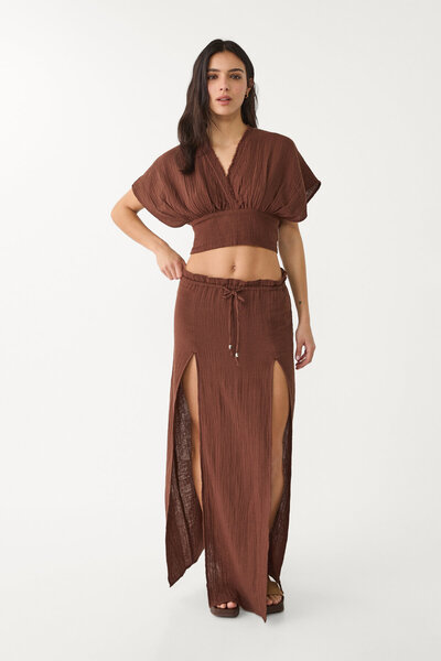 Stradivarius Cotton midi skirt with slits