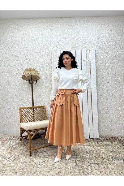 KÜÇÜĞÜM BUTİK Camel Bow Poplin Skirt