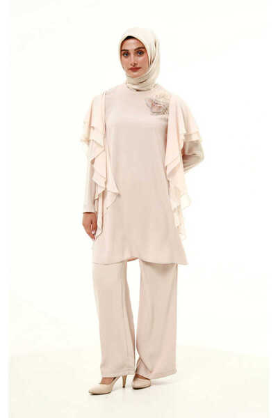 Setrms Kolları Şifon Volanlı Gül Aplikeli Tunik