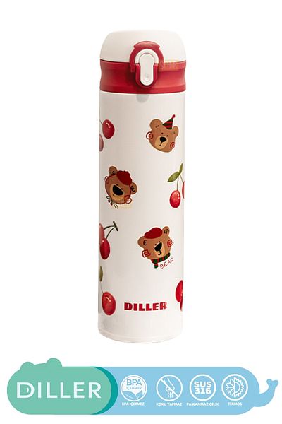 DILLER 480ml New Collection Cute Animals Patterned Straw Lockable Lid Stainless Steel Thermos