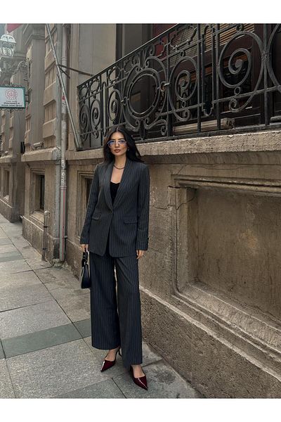 LOVELF Shawl Collar Striped Polyviscon Suit Anthracite