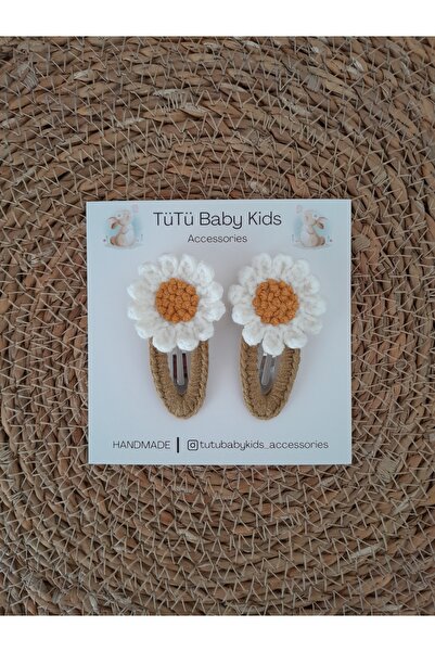 Accessories Papatya Çıtçıtlı Toka 2'li Set Bebek& Çocuk& Yetişkin El Örgüsü Tomurcuk işlemeli 5 Cm Toka