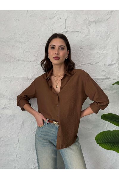 Elif Özbey Butik Кафява риза с копчета с двоен ръкав