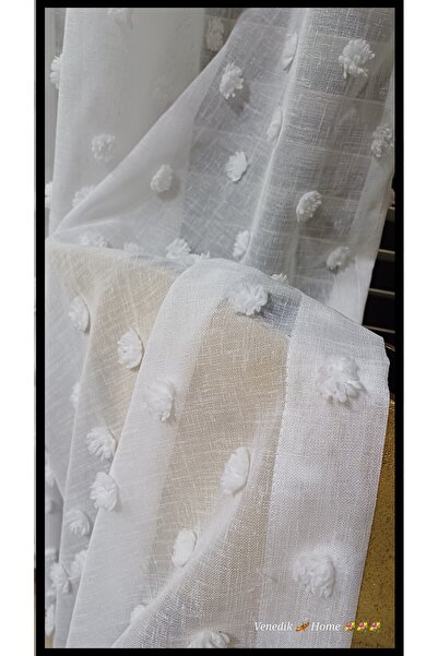 venedik home New Season Pompom Super Linen Tulle Curtain 1X2 Sparse Pleat, Wrinkle-Free, Iron-Free (4 Bulk Braçol Gift)