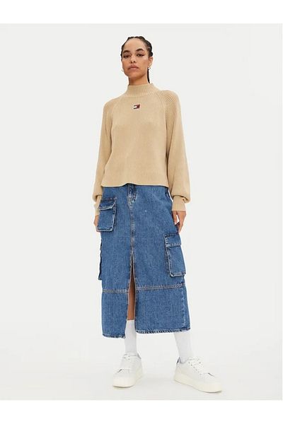Tommy Hilfiger Dámský béžový Tommy Jeans Badge Jemný zlatý svetr s žebrovaným úpletem