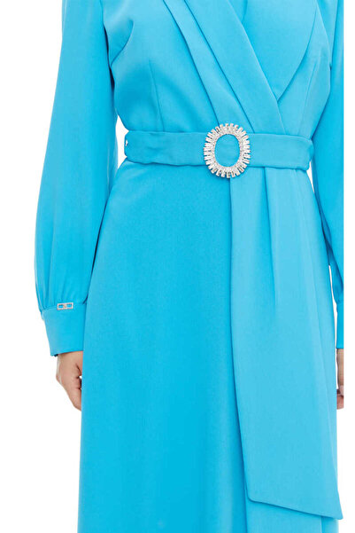 Setrms 2425126 Taşlı Kemer Tokalı Kruvaze Yaka Elbise