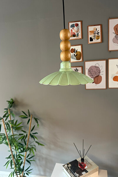 Bamyum Risso Mint Tekli Metal Avize Ahşap Üç Boncuk Cafe Mutfak Modern Dekoratif Sarkıt Aydınlatma