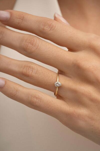 Sümer Telkari Damla Taşlı Altın Kaplama Gümüş İnce Yüzük 5962