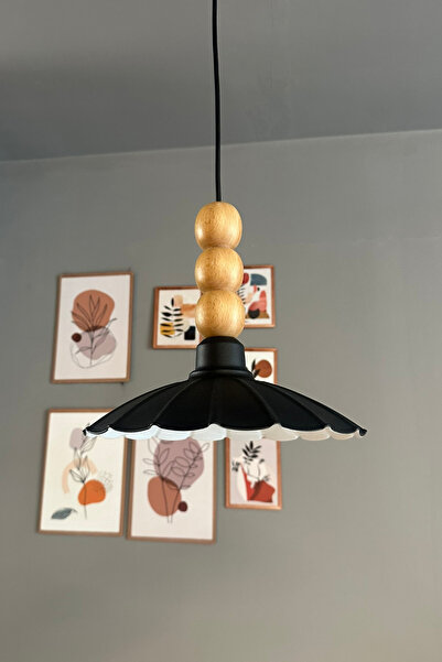 Bamyum Risso Siyah Tekli Metal Avize Ahşap Üç Boncuk Cafe Mutfak Modern Dekoratif Sarkıt Aydınlatma