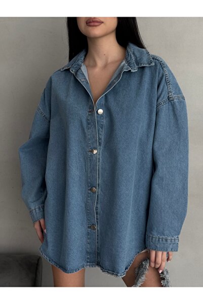 Bluezoni Cămașă de damă albastru deschis fără buzunare oversize din denim