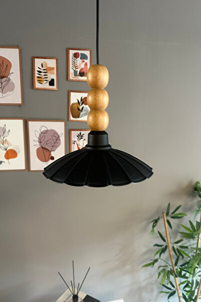 Bamyum Risso Siyah Tekli Metal Avize Ahşap Üç Boncuk Cafe Mutfak Modern Dekoratif Sarkıt Aydınlatma