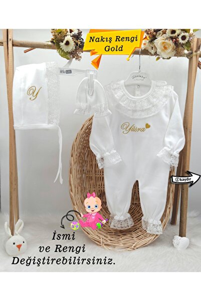 gros shop Yeni Doğan Dantelli 3'lü Hastane Çıkış Tulum Seti (KİŞİYE ÖZGÜ İSİM...