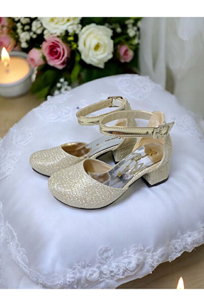 PATİK BEBE Set rochie de seara cu sclipici de culoare aurie si pantofi cu toc patrat pentru fetita