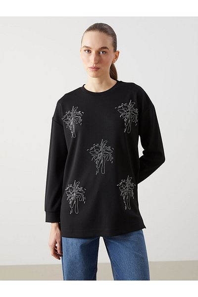LC Waikiki Crew Neck Stoned Oversize Women's Sweatshirt Tunic