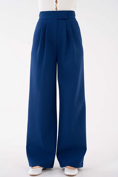 Saade Navy Blue High Waist Velcro Closure Double Pleat Woven Palazzo Trousers