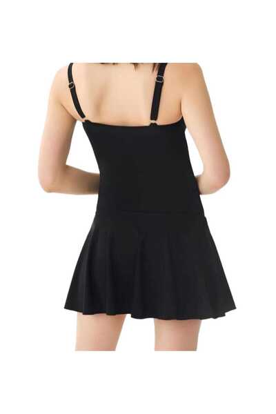 IŞILMAY KADIN SİYAH AYARLANABİLİR ASKILI BÜZGÜLÜ TOPARLAYICI İNCELTEN ETKİLİ DRAPELİ  ELBİSE MAYO